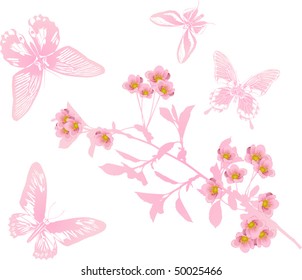 illustration with cherry tree flowers and butterflies silhouette on white background