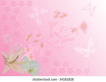 illustration with cherry tree flowers and butterflies silhouette