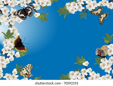 ilustración con flores de cerezo y mariposas