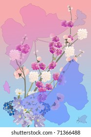 illustration with cherry tree flowers and butterflies