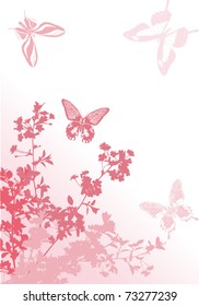 illustration with cherry tree flowers and butterflies silhouette on white background