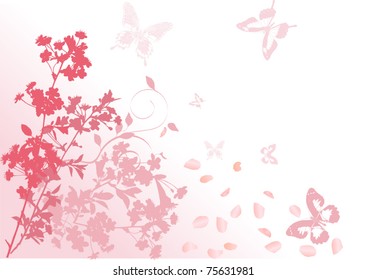 illustration with cherry tree flowers and butterflies silhouette on white background
