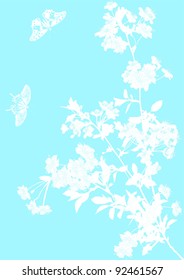 illustration with cherry tree flowers and butterflies silhouette on blue background