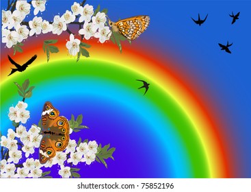 ilustración con flores de cerezo y mariposa en fondo azul