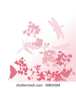 illustration with cherry tree flowers and insects silhouette on white background