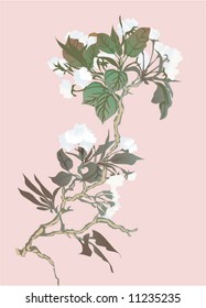 illustration with cherry tree flowers on blue background