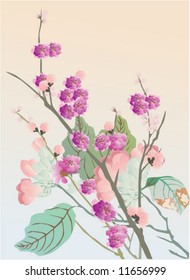 illustration with cherry tree flowers on pink background