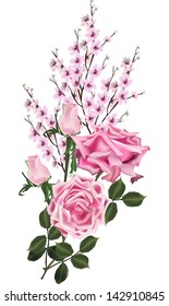 Illustration mit Kirschbaumblumen und Rosen