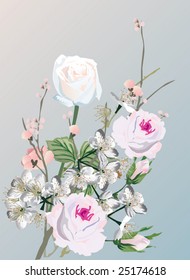 illustration with cherry tree flowers and roses