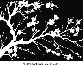 illustration with cherry tree flowers silhouette on black background