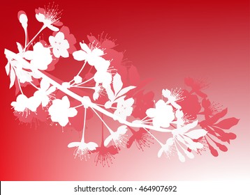 illustration with cherry tree flowers silhouettes on red background