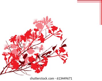 illustration with cherry tree flowers silhouettes on white background