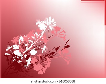 illustration with cherry tree flowers silhouettes on red background