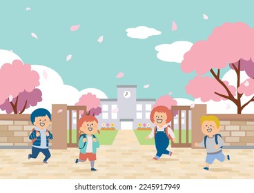 Illustration of cherry tree, school building and school gate , elementary school students carrying school bags.