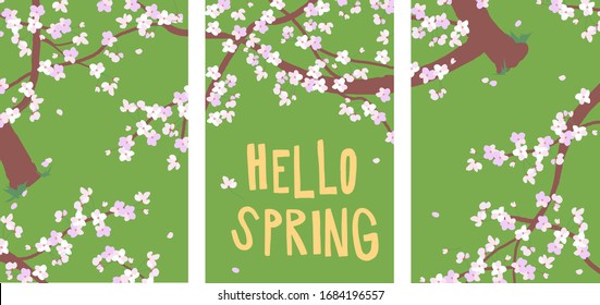 Ilustración de cerezos en un fondo verde. Cartel festivo para las vacaciones de primavera. Flores rosadas primaverales. Imagen de Vektor del Sakura.