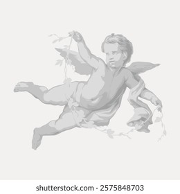 Illustration of a cherub, a winged angelic figure, holding a vine. The cherub, depicted in grayscale, floats gracefully, embodying innocence and serenity. Vintage illustration isolated, vector.