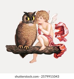 Illustration of a cherub with wings sitting on a branch next to a large owl. The cherub is wrapped in a red cloth, gazing at the owl with curiosity. Vintage bird illustration vector.