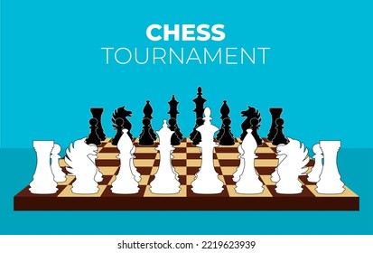 Illustration with chess board and chess figures on blue background.Chess tournament