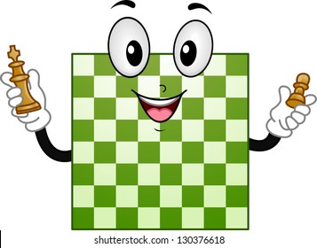 Illustration of Chess Board Mascot holding King and Pawn Chess Pieces