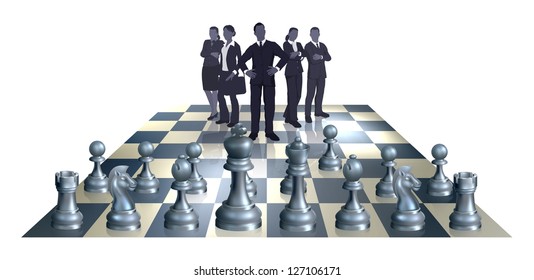 Illustration of a chess business concept. A business team on one side of the chess board playing against chess pieces.