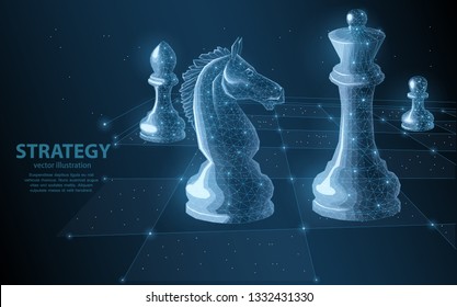 Illustration of a chess game in the foreground a knight and queen in the back pawn and an bishop. Symbol of strategy, tactics, calculation of the actions of the enemy, in the game of sports or busines