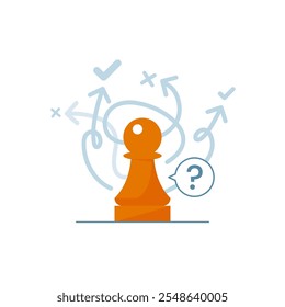 illustration of a chess pawn with multiple arrows pointing toward check mark and cross symbols, uncertainty in decision making or challenge of choosing the right strategy. planning, risk assessment