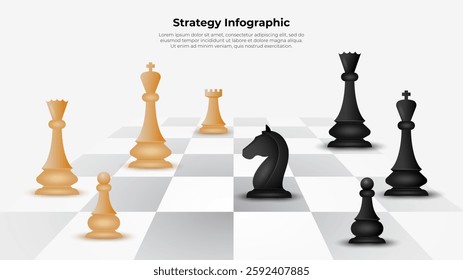 Illustration with chess pieces on a white background, representing strategy, tactics, leadership, and decision making in both board games and real world applications