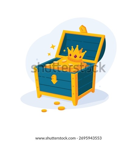 Illustration of a chest with coins and a crown. Vector. A symbol of wealth and power. Background for design projects.