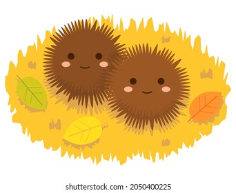 It is an illustration of a chestnut burr that has fallen to the ground.I drew a face like a cartoon.