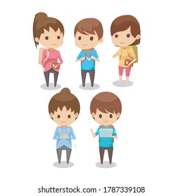 illustration chibi for back to school carrying a bag. cute chibi children's cartoon. cartoon Children's daily fun activity. Vector Female and Male Cartoon Character.
