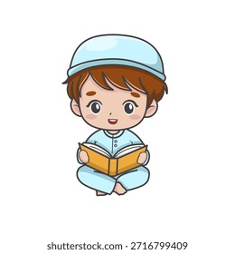 Illustration eines Chibi-Charakters eines Mannes, der den Koran liest, muslimische Kleidung trägt und den heiligen Monat Ramadan willkommen heißt. 
