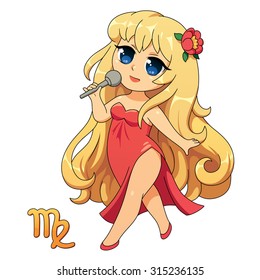 Illustration with chibi girl. Virgo. Vector zodiac sign.