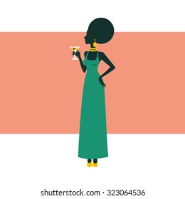 An illustration of chic party girl posing with cocktail. Illustration in vector format