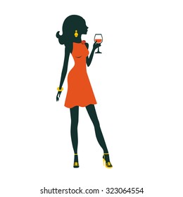 An illustration of chic party girl posing with cocktail. Illustration in vector format