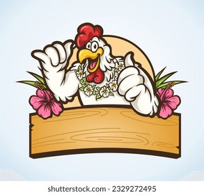 an illustration of chicken with beach hawaiian vibes. vector design with separated layers, you can apply your name on that wood.