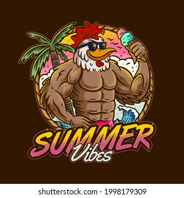 illustration of chicken character eat ice cream at the beach