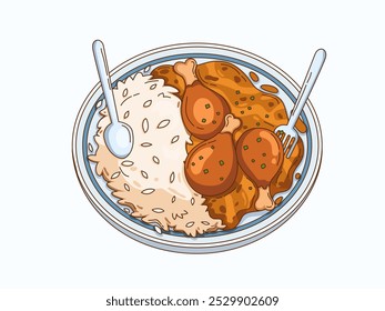 Ilustración de curry de pollo acompañado de un plato de arroz blanco. Este plato presenta tres suculentos muslos de pollo ahogados en una rica salsa de curry y adornados con especias verdes.