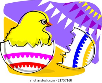 Illustration of chicken with decorated eggs in  a violet background	
