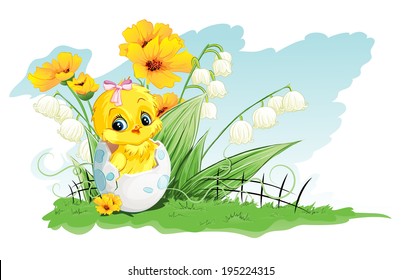 Illustration of chicken in the egg and lilies of the valley on a background of yellow flowers