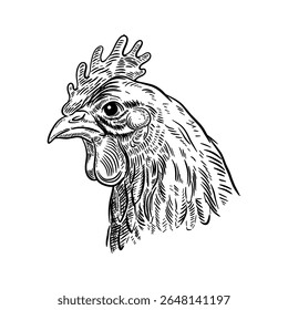 Illustration of chicken in engraving style. Hand drawn chicken. Design element for logo, label, sign, emblem, poster. Vector illustration
