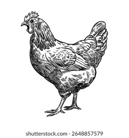 Illustration of chicken in engraving style. Hand drawn chicken. Design element for logo, label, sign, emblem, poster. Vector illustration