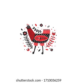 The illustration of chicken and flowers in folk art style in minimalist colors using.