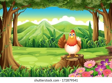 Illustration of a chicken at the forest