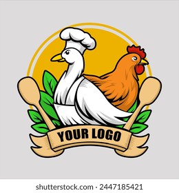 illustration of a chicken and goose logo next to a spatula like a chef cooking