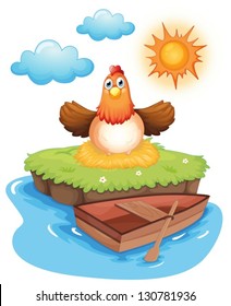 Illustration of a chicken hatching eggs in an island on a white background