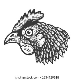 Illustration of chicken head in engraving style. Design element for logo, label, sign, emblem, poster. Vector illustration