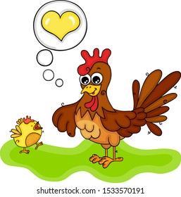 Illustration of chicken and her son little chick
