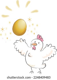 Illustration of a chicken holding up a golden egg