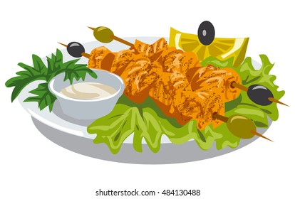 illustration of chicken kebab with sauce