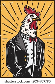 illustration of a chicken man wearing a tuxedo